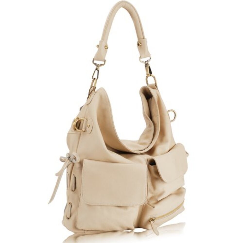 Leather Cream Pocketed Hobo Handbag - NEW